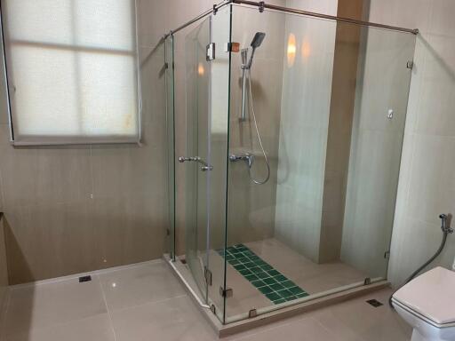 Modern bathroom with a glass-enclosed shower and window