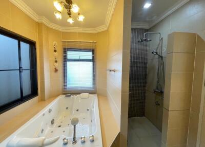 Luxurious bathroom with large bathtub and modern shower