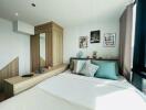 Modern bedroom with wooden accents