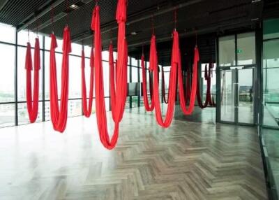 Modern interior with red aerial yoga hammocks