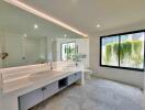 Modern bathroom with large window and greenery