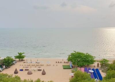 aerial view of a beach with lounge chairs and umbrellas