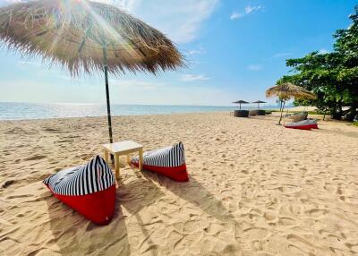 Beach view with umbrellas and seating