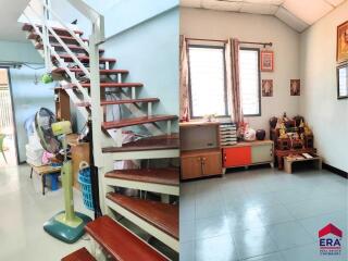 Interior view of a house showing a staircase and a separate room with windows and furniture