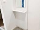 Small bathroom area with mirror and shelf