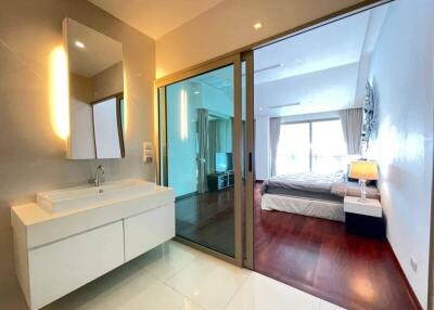 Modern bedroom with an adjacent bathroom