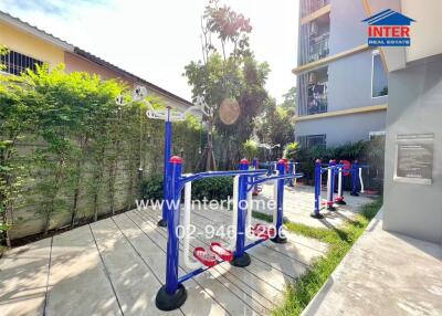 Outdoor fitness area with gym equipment