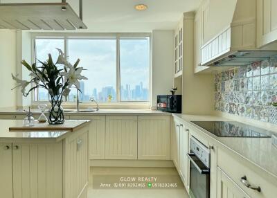 Modern kitchen with a city view, island, and ample storage