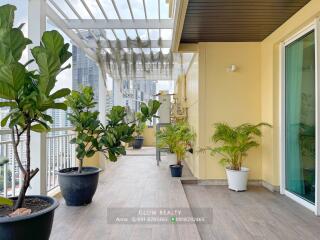 Spacious balcony area with plants and city view