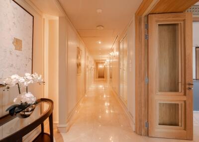 Well-lit hallway with elegant decor and wooden doors