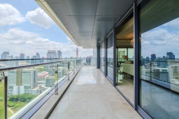 Modern balcony with city skyline view