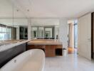 Spacious modern bathroom with vanity and large tub