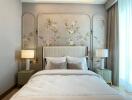 Elegant bedroom with decorative wall, bed, and bedside tables