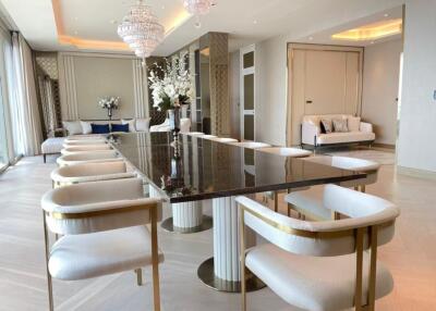 Elegant dining room with modern decor and a large dining table