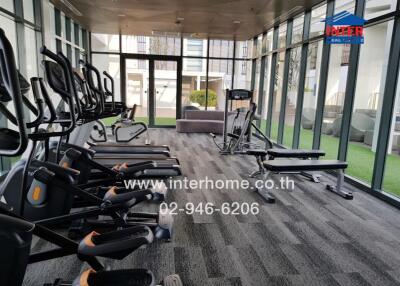 Modern gym area with exercise equipment and large windows