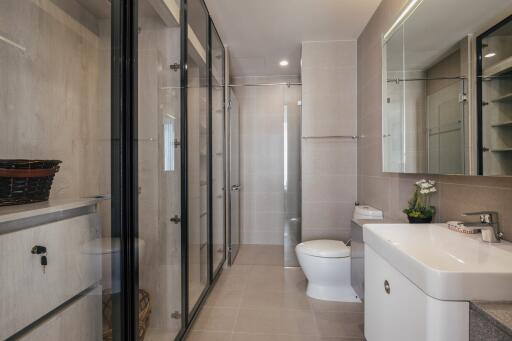 Modern bathroom with glass shower partitions and stylish vanity setup