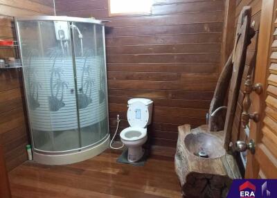 Rustic wooden bathroom with shower, toilet, and unique sink