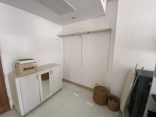 Laundry room with storage cabinet and hanging rod