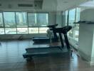 Gym with treadmills and city view