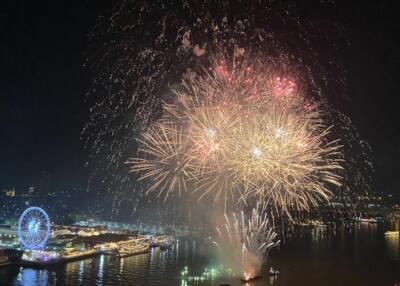 Spectacular fireworks display over waterfront