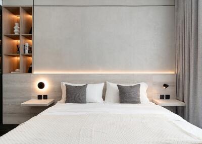 Modern bedroom with bed, side tables, and illuminated shelves