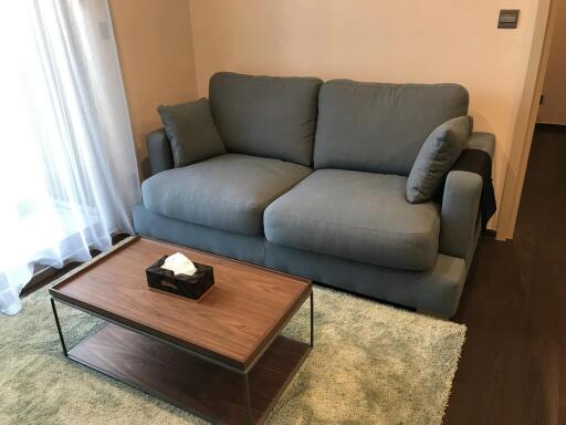 Cozy living room with a gray sofa and a wooden coffee table