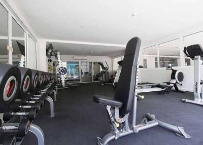 Well-equipped gym with various exercise machines and weights