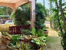 Outdoor garden view with patio and plants