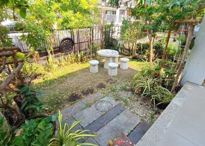 A well-maintained garden with seating area and lush greenery