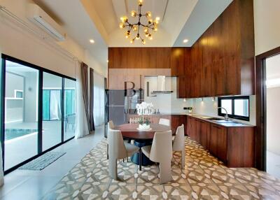 Modern kitchen with elegant dining area