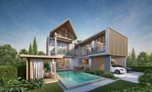 Modern two-story house with pool and garden