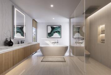 Modern bathroom with large bathtub and double sinks