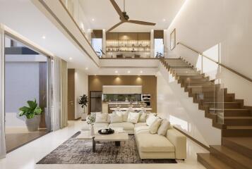 Spacious modern living room with open kitchen and loft-style second floor