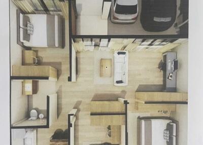 Top view floor plan with furniture and cars