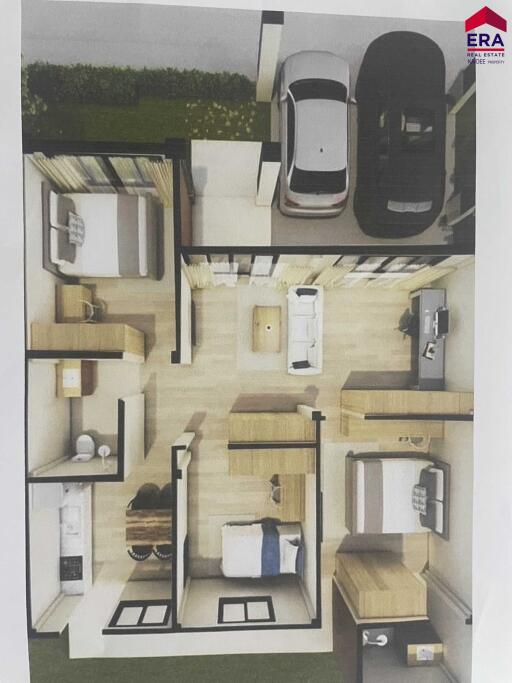 Top view floor plan with furniture and cars