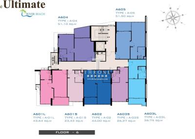 Floor plan layout of a residential building, showing different apartment types and their respective sizes.