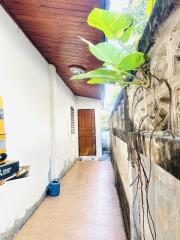 Outdoor hallway with wooden ceiling and door