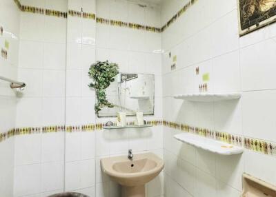 Small bathroom with plant decor and ceramic sink