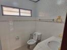 Bathroom with tiled walls, a toilet, sink, and frosted windows