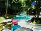Outdoor recreational area with swimming pool and seating