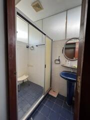 Bathroom with blue sink and glass shower enclosure