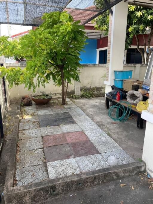 Outdoor patio area with tree and tiled floor