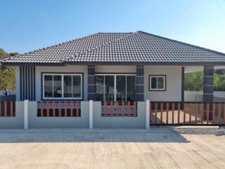 Front view of a single-story house with modern design