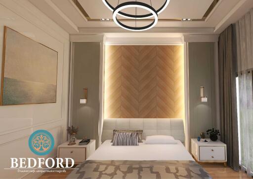 Modern bedroom with stylish lighting and bed decor