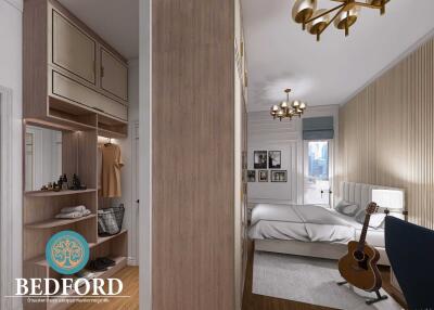 Modern bedroom with wooden accents and guitar