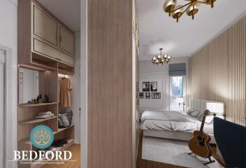 Modern bedroom with wooden accents and guitar