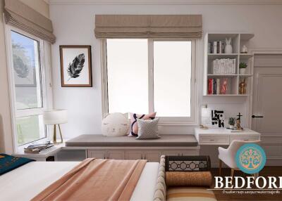 Stylish bedroom with a cozy window seat, built-in shelves, and elegant decor