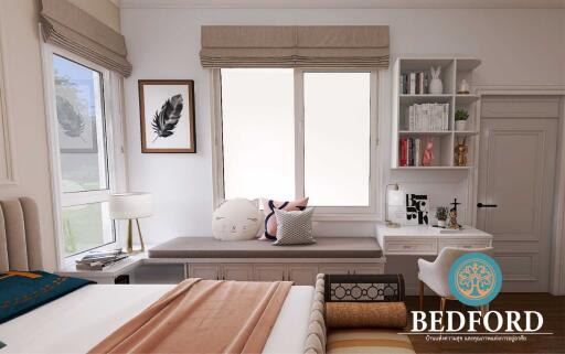 Stylish bedroom with a cozy window seat, built-in shelves, and elegant decor