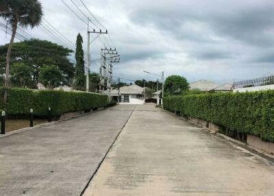 Entrance to residential area with road and hedges