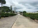 Entrance to residential area with road and hedges